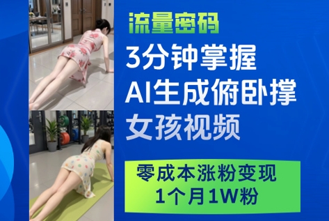 3分钟掌握AI生成俯卧撑女孩视频,零成本涨粉变现,1个月1W粉-蓝色空间-资源