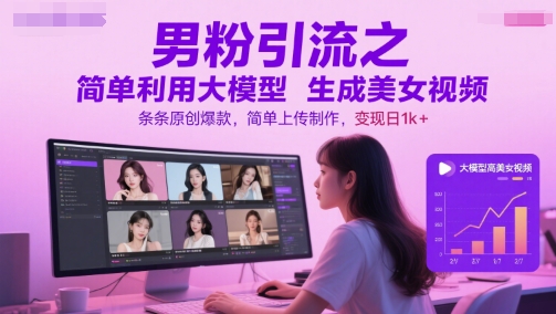 男粉引流之简单利用大模型生成美女视频,条条原创爆款,简单上传制作,变现日1k+-蓝色空间-资源