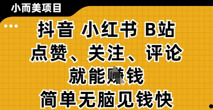 小而美的项目，抖音小红书B站视频点赞、关注、评论就能挣钱，简单无脑立见收益，妥妥的零撸项目【揭秘】-蓝色空间-资源