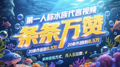 第一人称水族代言视频，条条万赞，20条作品涨粉7.8W，多种变现方式月入五位数-蓝色空间-资源